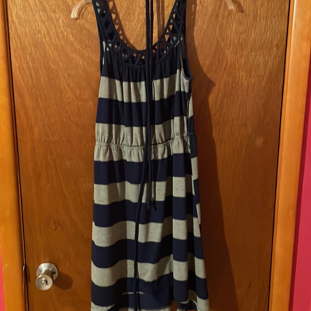 Blue and gray striped dress